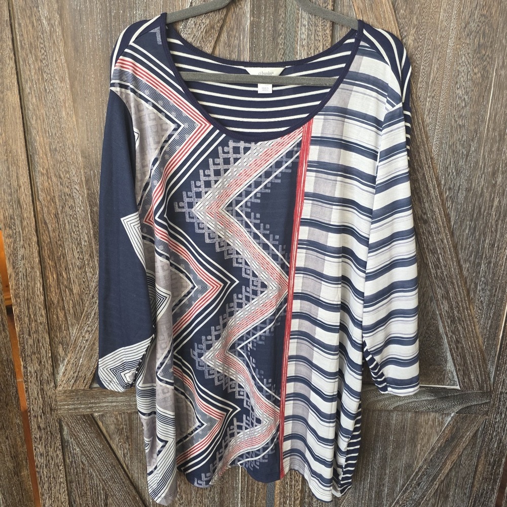 CJ Banks Shirt Women's 3X Blue White Stripes Geometric Sheer Tunic 3/4 Sleeve